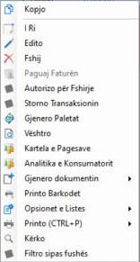 Menyja me kliko të djathtë mbi një rresht