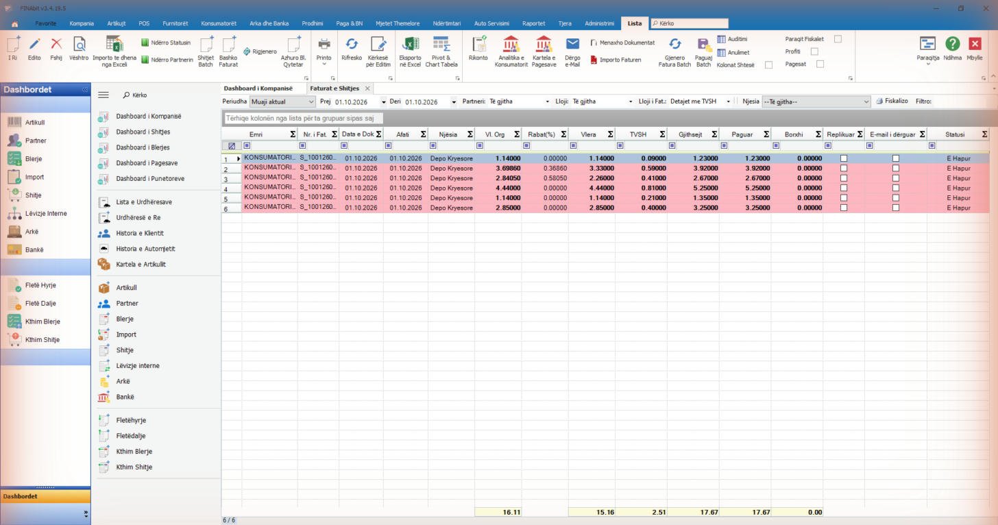 Lista e faturave të shitjes në Finabit Desktop